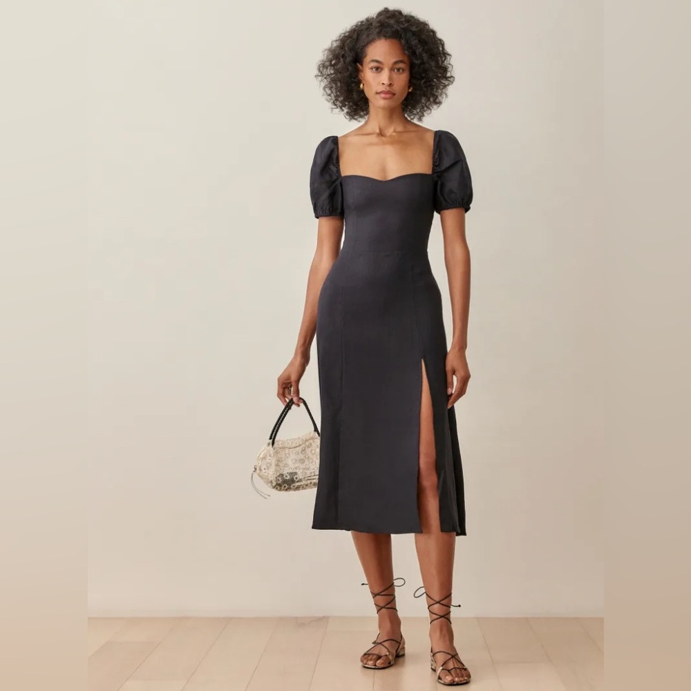 Reformation Black Linen Denver Midi Dress